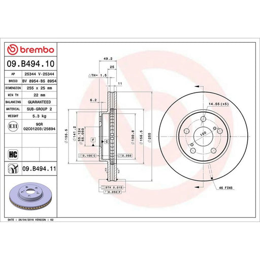 Brembo 2 x Internally Vented Front Brake Discs 09.B494.11