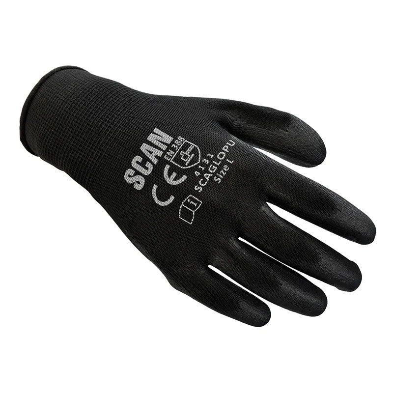 Scan Black PU Coated Gloves - L (Size 9) (200 Pairs) - SCAGLOPUE200