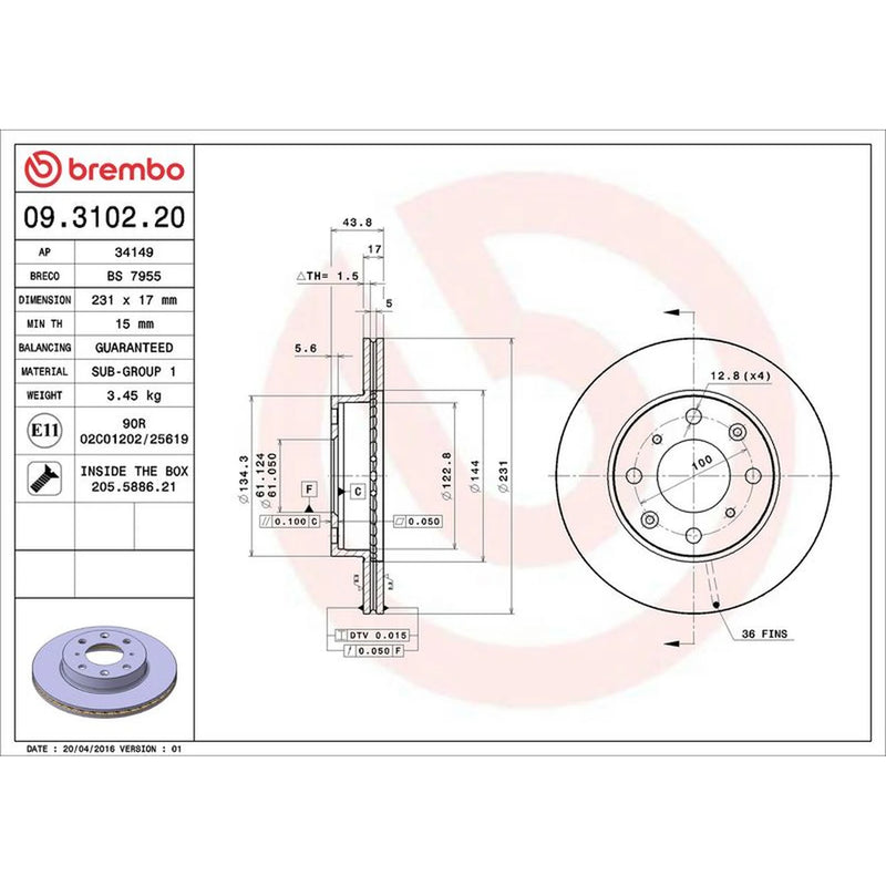 Brembo 2 x Internally Vented Front Brake Discs 09.3102.20