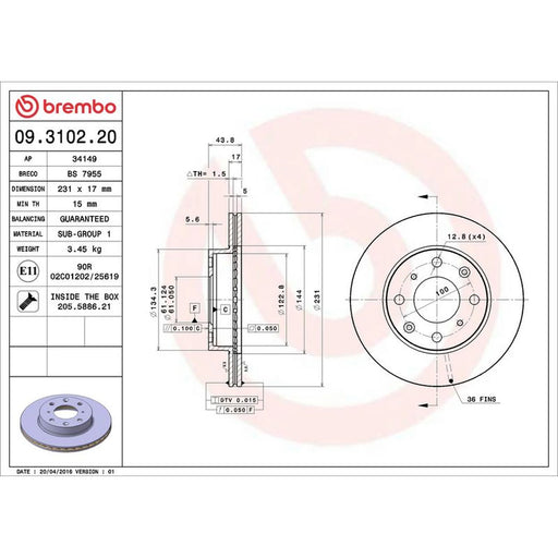 Brembo 2 x Internally Vented Front Brake Discs 09.3102.20