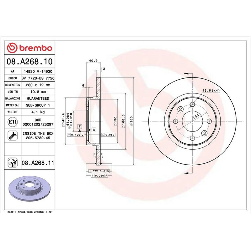 Brembo 2 x Solid Front Brake Discs 08.A268.11