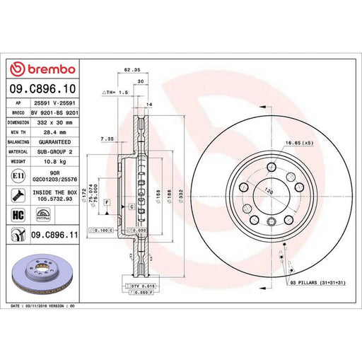 Brembo 2 x Internally Vented Front Brake Discs 09.C896.11