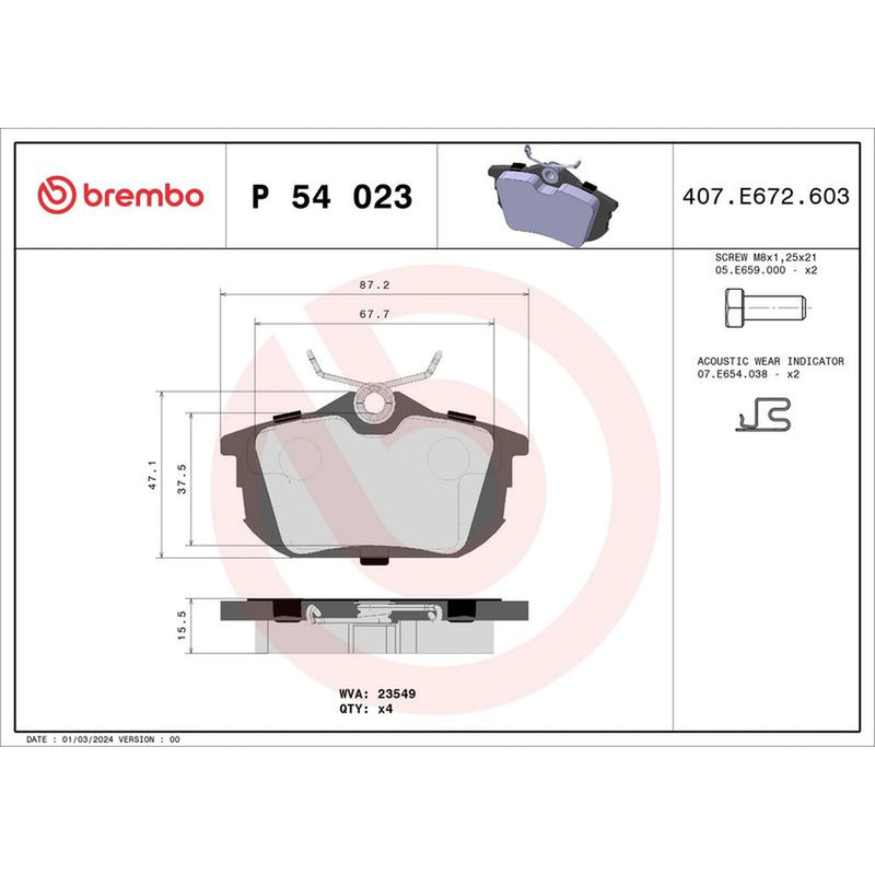 Brembo 4 x Rear Brake Pad Set P54023