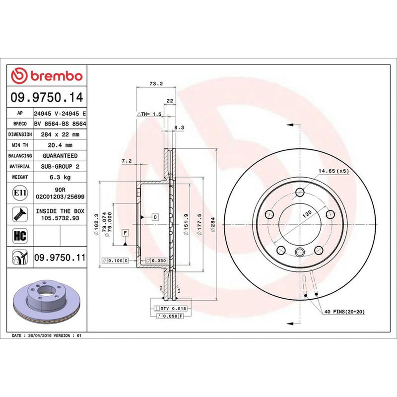 Brembo 2 x Internally Vented Front Brake Discs 09.9750.11