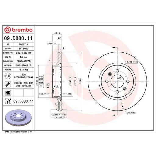 Brembo 2 x Internally Vented Front Brake Discs 09.D880.11