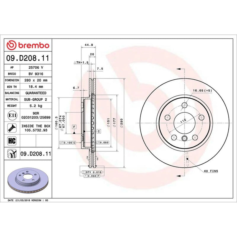 Brembo 2 x Internally Vented Front Brake Discs 09.D208.11