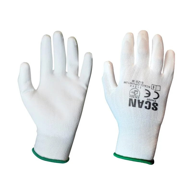 Scan White PU Coated Gloves - M (Size 8) (Pack 12) - 5004W
