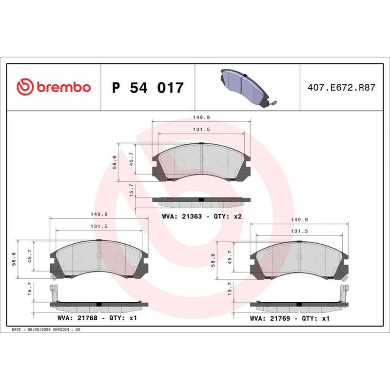 Brembo 4 x Front Brake Pad Set P54017