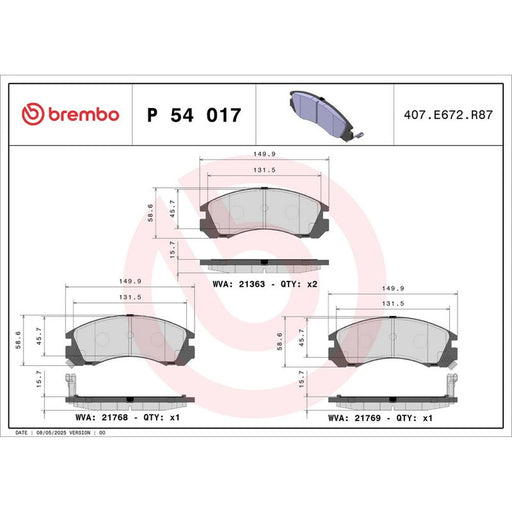 Brembo 4 x Front Brake Pad Set P54017