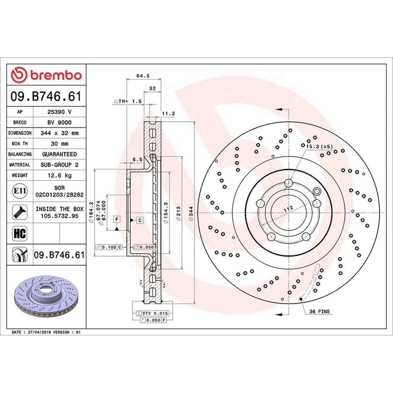 Brembo 2 x Perforated/Vented Front Brake Discs 09.B746.61