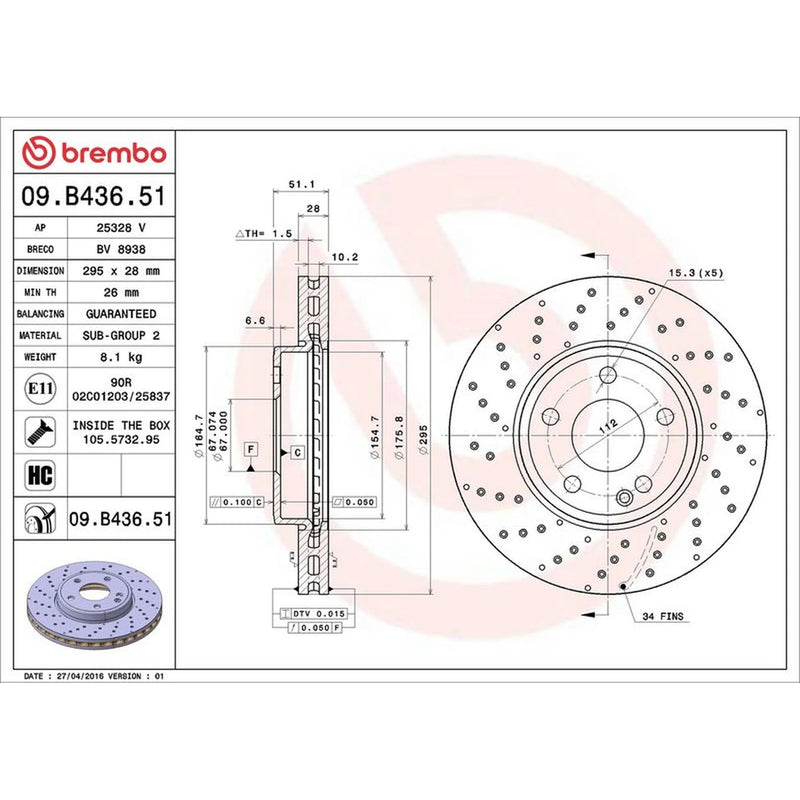 Brembo 2 x Perforated/Vented Front Brake Discs 09.B436.51