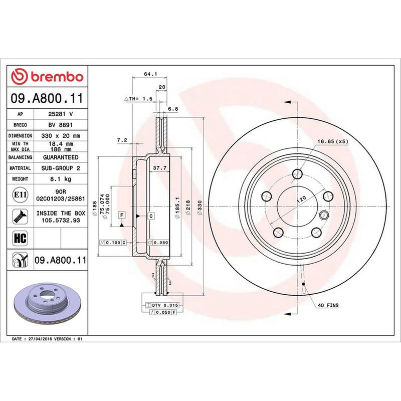 Brembo 2 x Internally Vented Brake Discs 09.A800.11