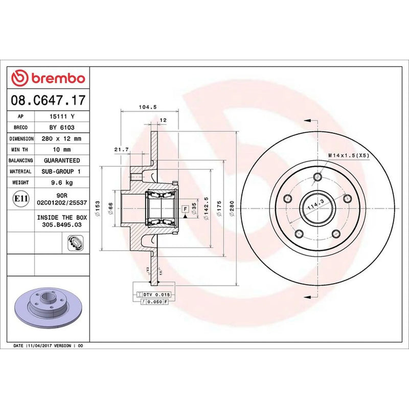 Brembo 2 x Solid Rear Brake Discs 08.C647.17