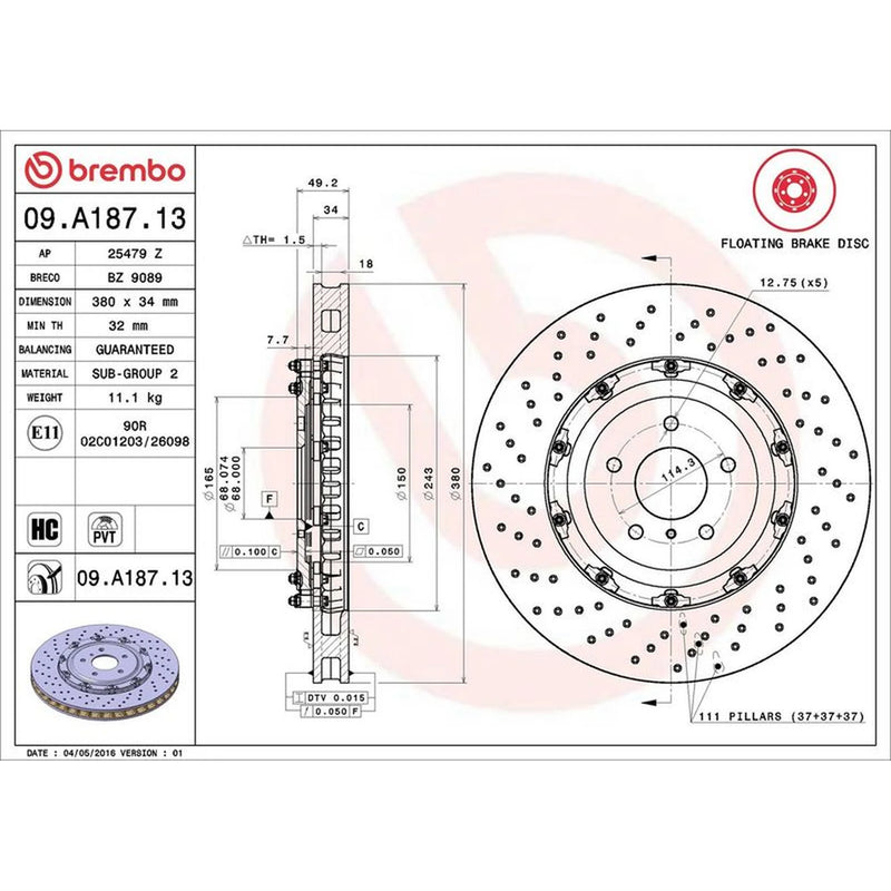 Brembo 2 x Aluminium Front Brake Disc Hub Brake Discs 09.A187.13