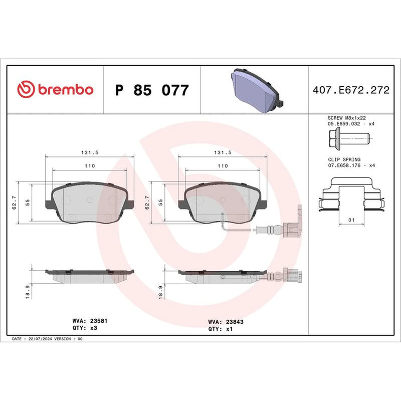 Brembo 4 x Front Brake Pad Set P85077