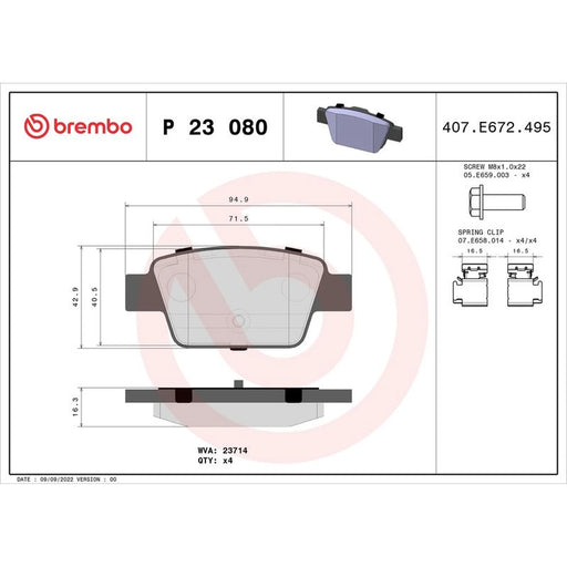 Brembo 4 x Rear Brake Pad Set P23080