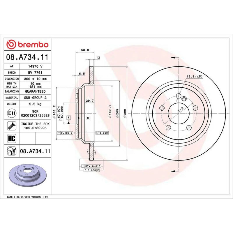 Brembo 2 x Solid Rear Brake Discs 08.A734.11