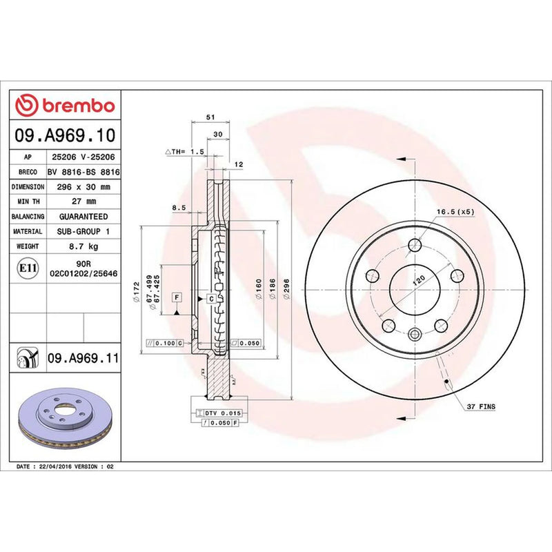 Brembo 2 x Internally Vented Front Brake Discs 09.A969.11