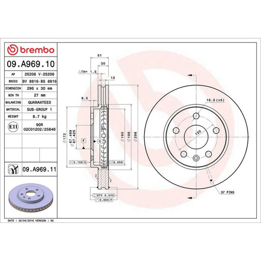 Brembo 2 x Internally Vented Front Brake Discs 09.A969.11