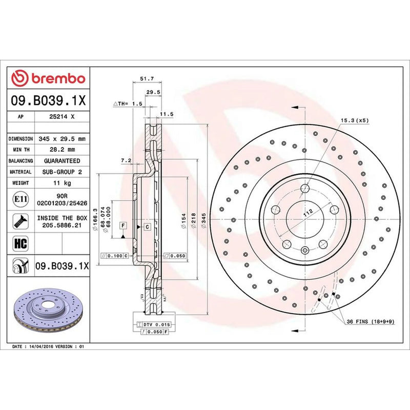 Brembo Xtra 2 x Perforated/Vented Front Brake Discs 09.B039.1X