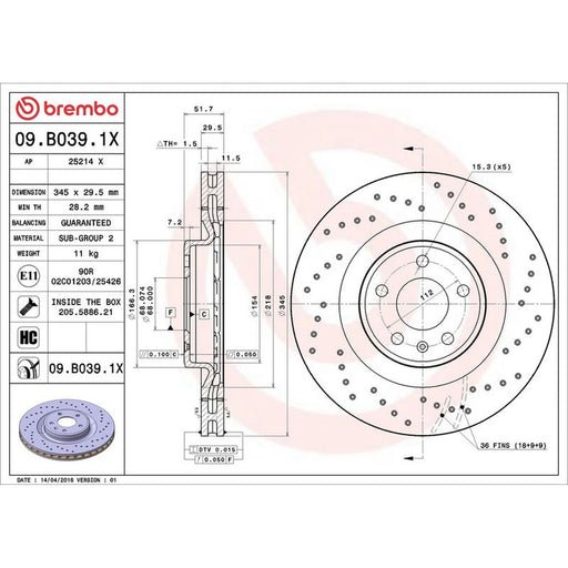 Brembo Xtra 2 x Perforated/Vented Front Brake Discs 09.B039.1X