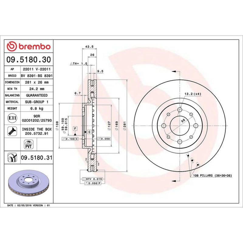Brembo 2 x Internally Vented Front Brake Discs 09.5180.31