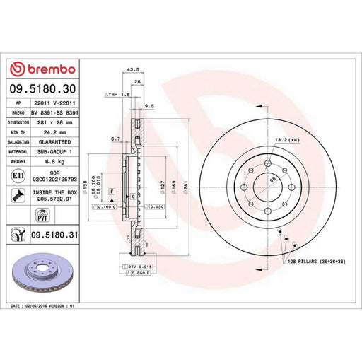 Brembo 2 x Internally Vented Front Brake Discs 09.5180.31