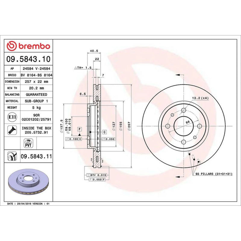 Brembo 2 x Internally Vented Front Brake Discs 09.5843.11