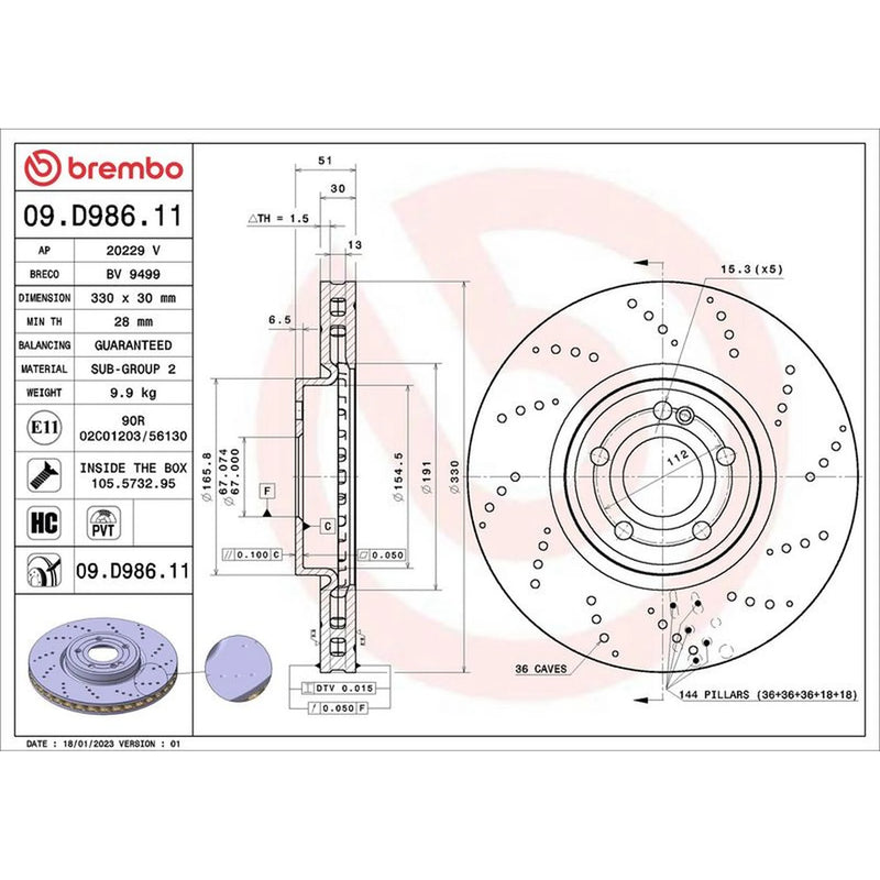 Brembo 2 x Perforated/Vented Front Brake Discs 09.D986.11