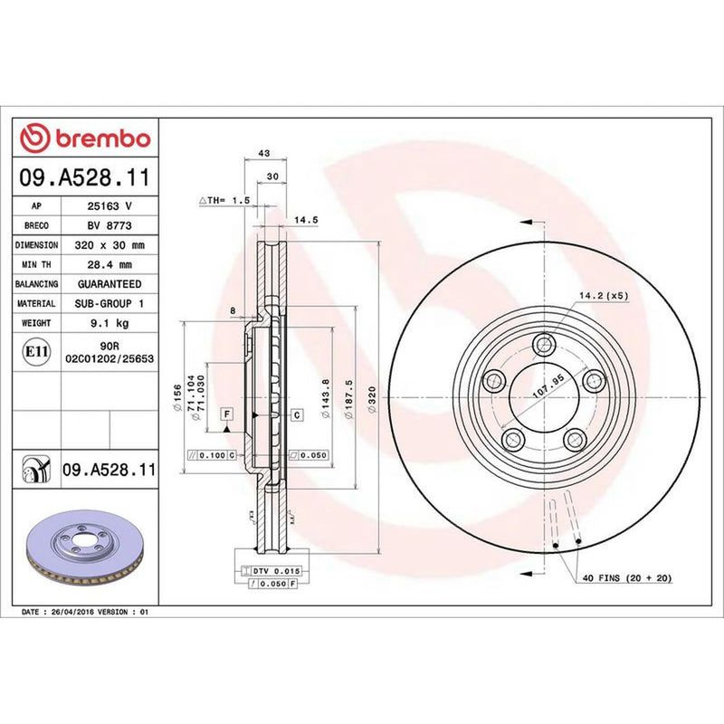 Brembo 2 x Internally Vented Front Brake Discs 09.A528.11
