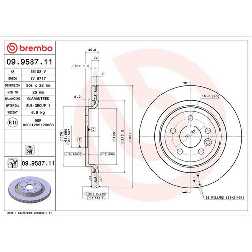 Brembo 2 x Internally Vented Rear Brake Discs 09.9587.11
