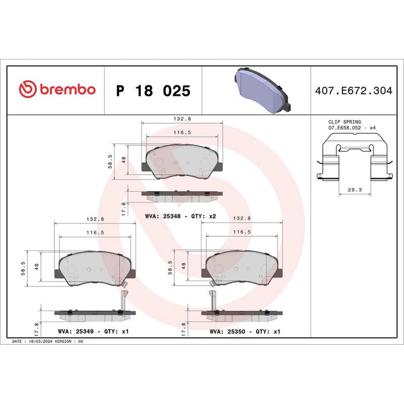 Brembo 4 x Front Brake Pad Set P18025