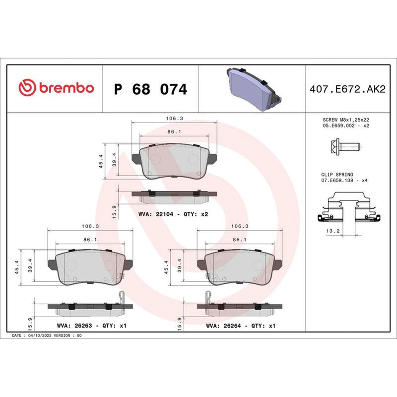 Brembo 4 x Rear Brake Pad Set P68074