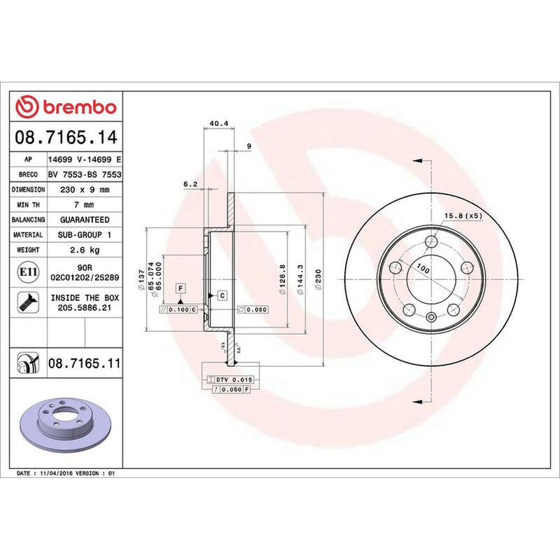 Brembo 2 x Solid Rear Brake Discs 08.7165.11