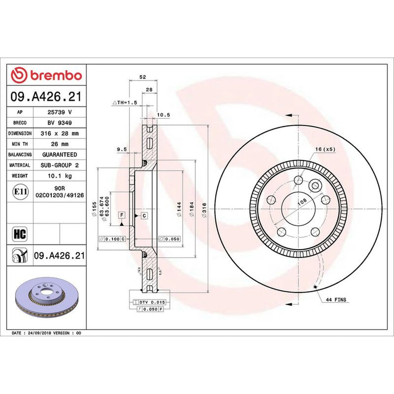 Brembo 2 x Internally Vented Front Brake Discs 09.A426.21