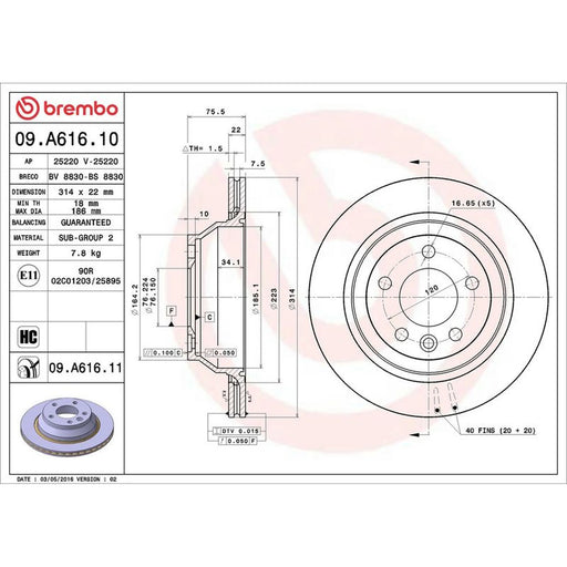 Brembo 2 x Rear Brake Discs 09.A616.11