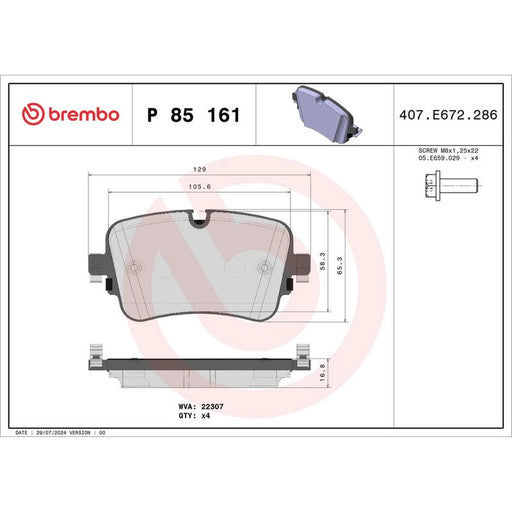 Brembo 4 x Rear Brake Pad Set P85161