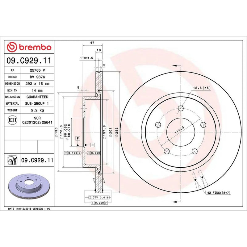 Brembo 2 x Internally Vented Rear Brake Discs 09.C929.11
