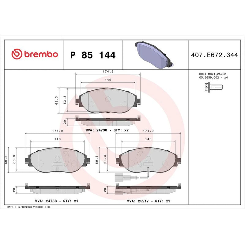 Brembo 4 x Front Brake Pad Set P85144