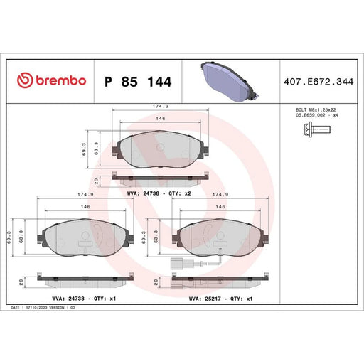 Brembo 4 x Front Brake Pad Set P85144X