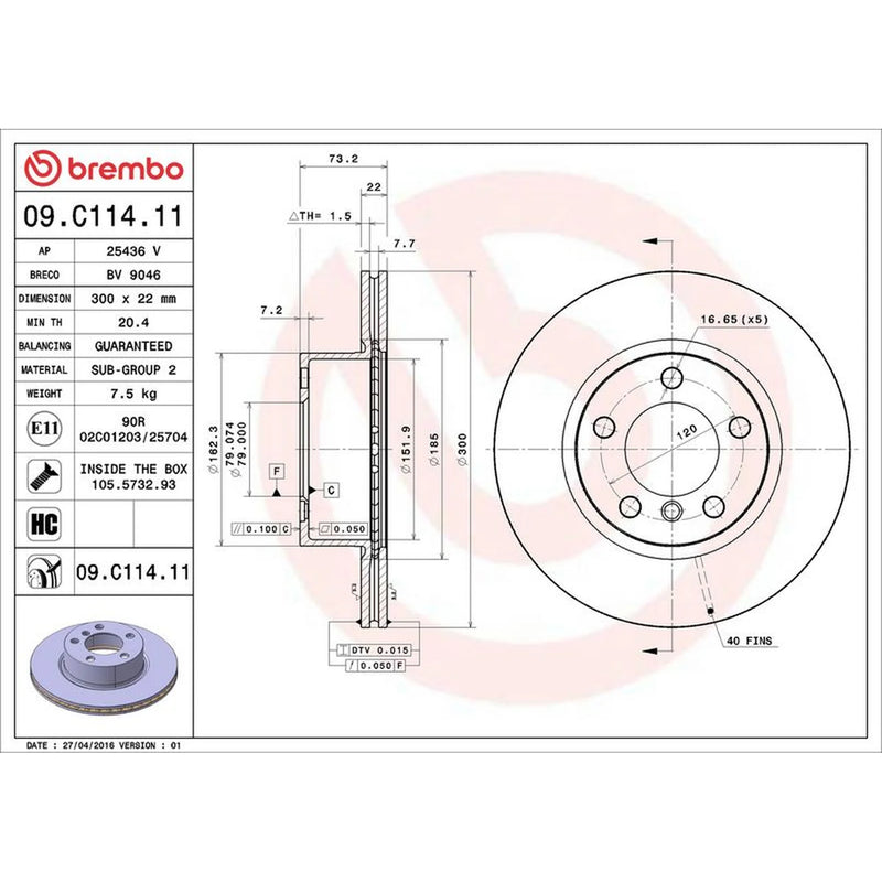 Brembo 2 x Internally Vented Front Brake Discs 09.C114.11
