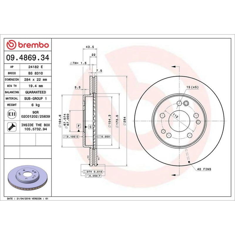 Brembo 2 x Internally Vented Front Brake Discs 09.4869.34