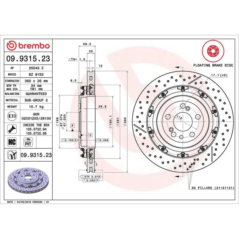 Brembo 2 x Aluminium Rear Brake Disc Hub Brake Discs 09.9315.23