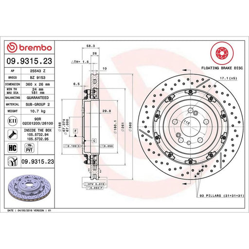 Brembo 2 x Aluminium Rear Brake Disc Hub Brake Discs 09.9315.23
