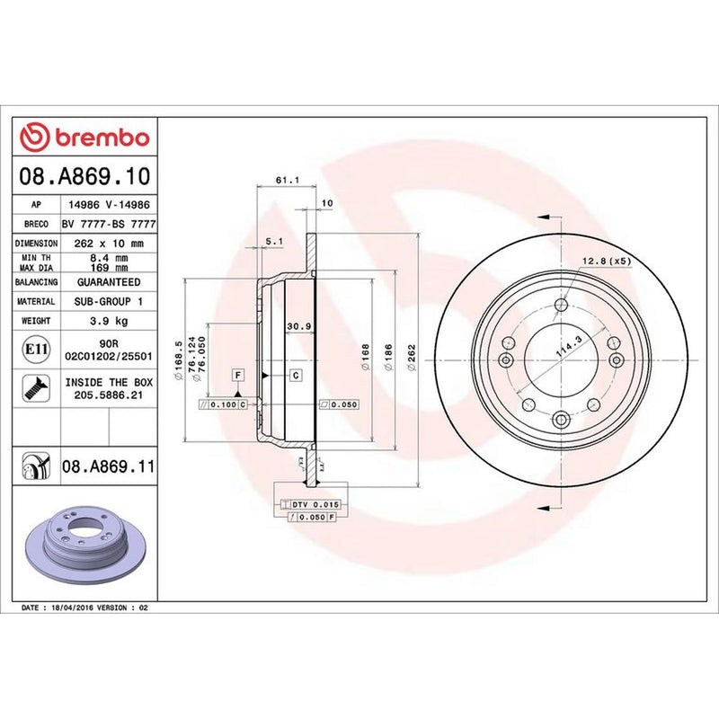 Brembo 2 x Solid Rear Brake Discs 08.A869.11