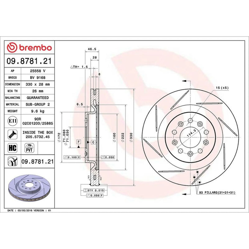 Brembo 2 x Slotted Rear Brake Discs 09.8781.21