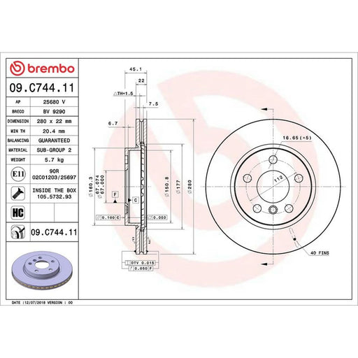 Brembo 2 x Internally Vented Front Brake Discs 09.C744.11