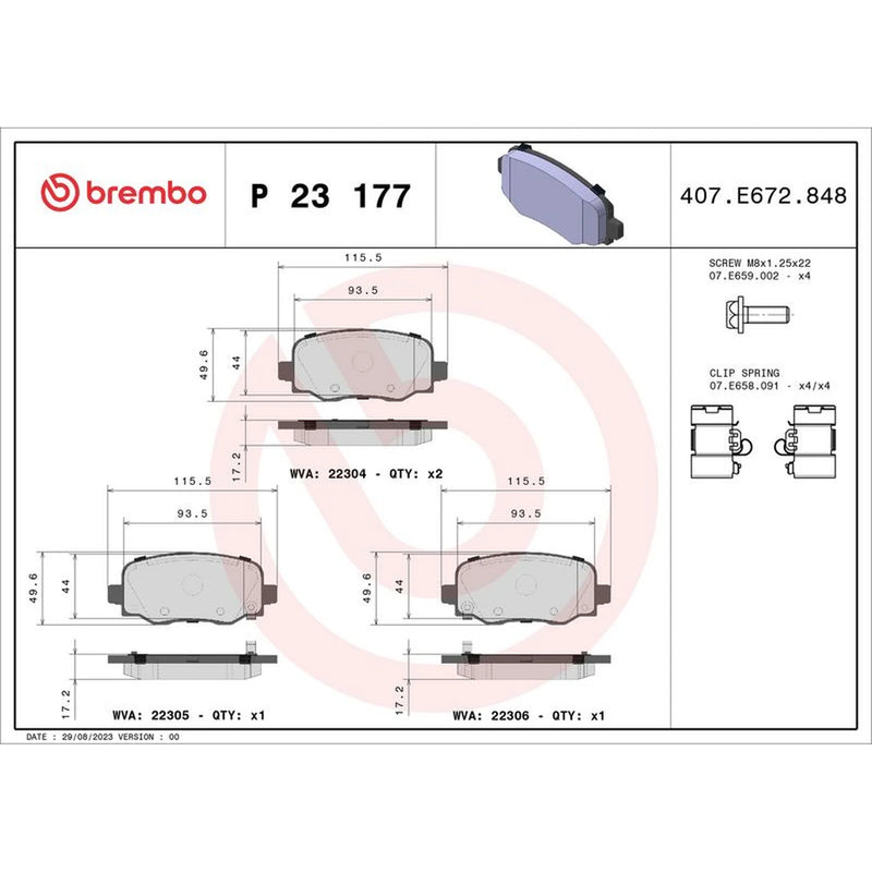 Brembo 4 x Rear Brake Pad Set P23177