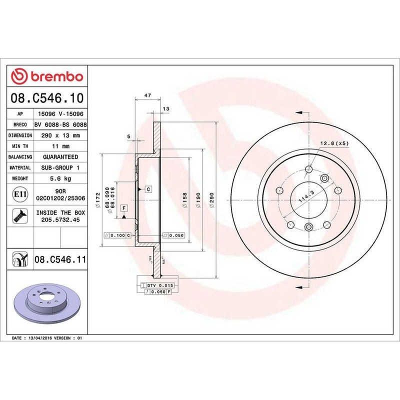 Brembo 2 x Solid Rear Brake Discs 08.C546.11