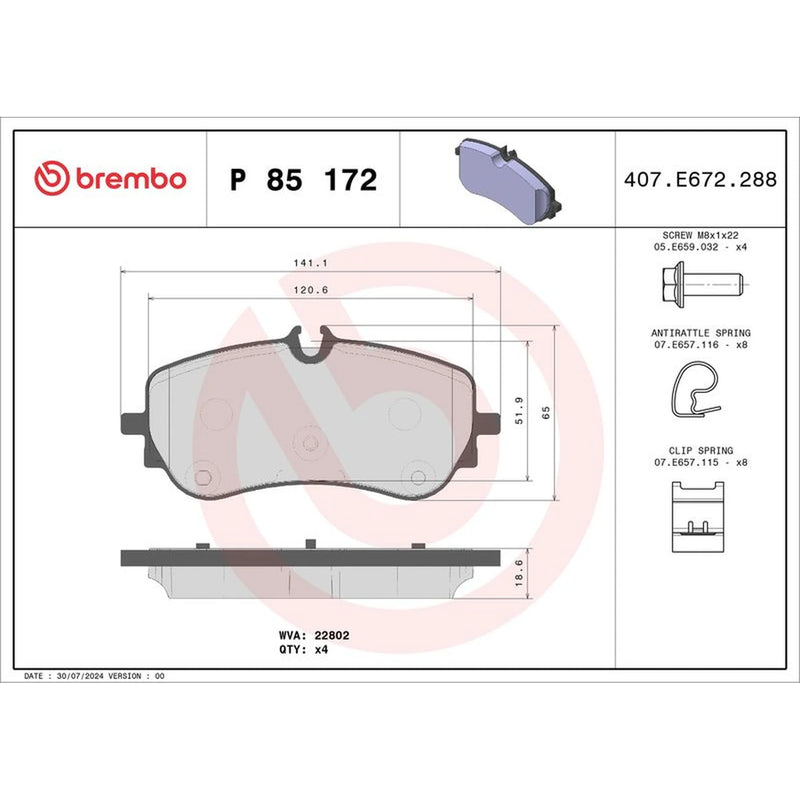 Brembo 4 x Rear Brake Pad Set P85172